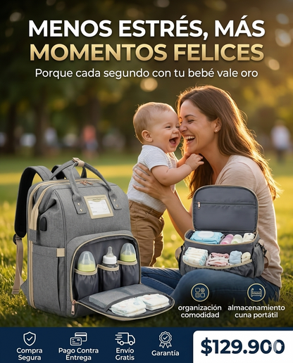 La Pañalera Inteligente que Toda Mamá Merece, Cuna Portátil + Cambiador + USB + Organizador, Todo lo que tu Bebé Necesita en un Solo Morral