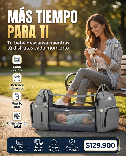 La Pañalera Inteligente que Toda Mamá Merece, Cuna Portátil + Cambiador + USB + Organizador, Todo lo que tu Bebé Necesita en un Solo Morral